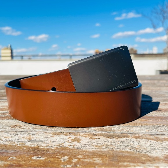 PERRY ELLIS Belt 2-Side Bonded Leather Rectangulat Plate Buckle Brown BLACK - Picture 3 of 15